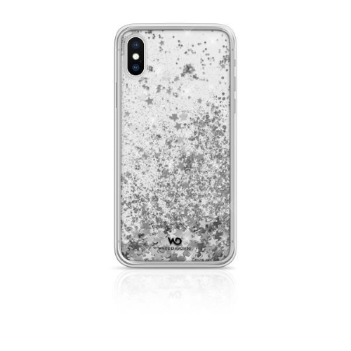 WHITE DIAMONDS APPLE iPHONE X/XS COVER IN TPU E POLICARBONATO TRASPARENTE CON GLITTER FLUTTUANTI MOTIVO SILVER STAR